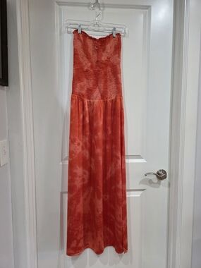 Strapless Silk Orange Tie-Dye Maxi Dress